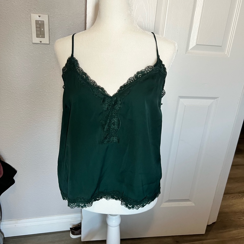 Forest green silky blouse lace trim